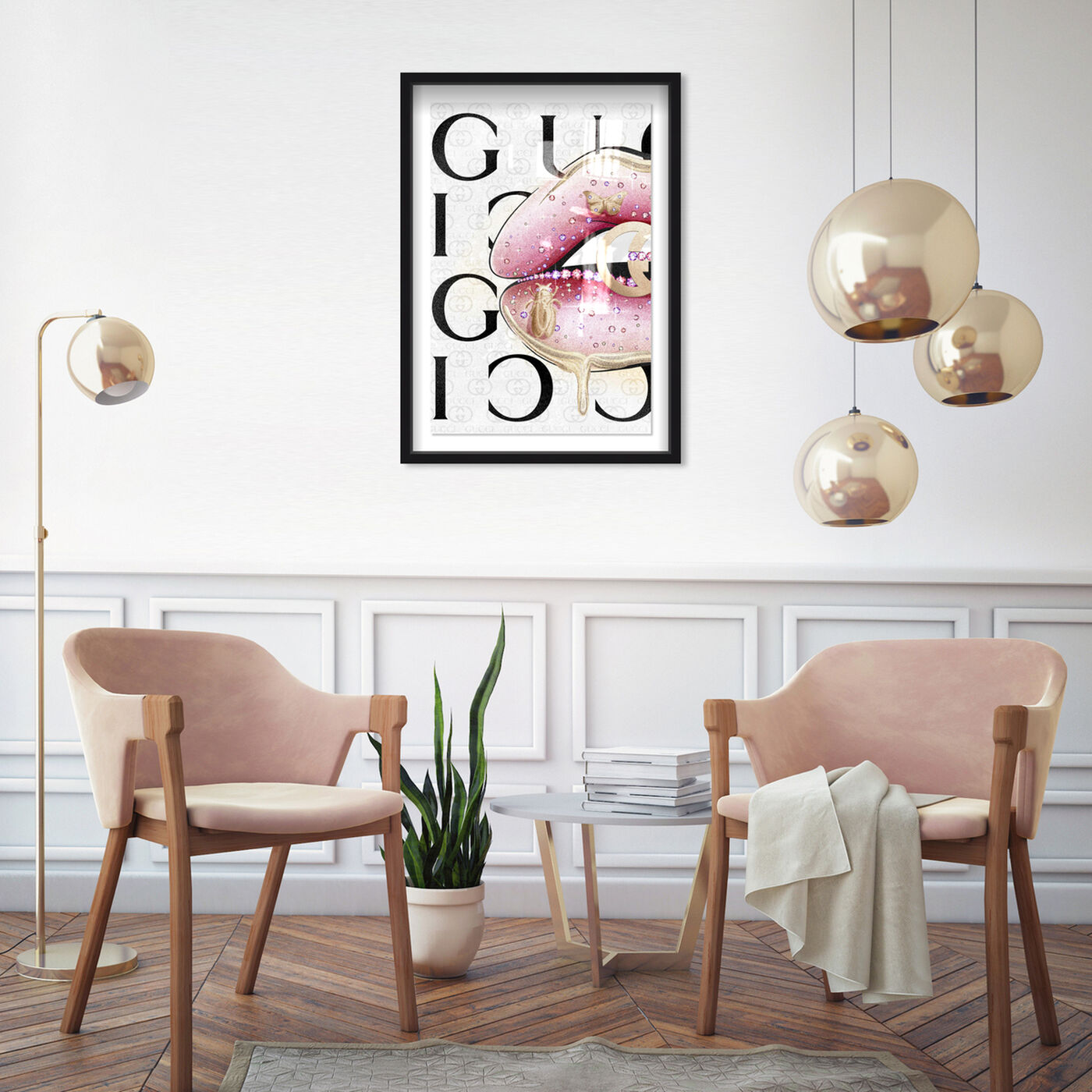 Hanging view of Haute Up featuring fashion and glam and lips art.