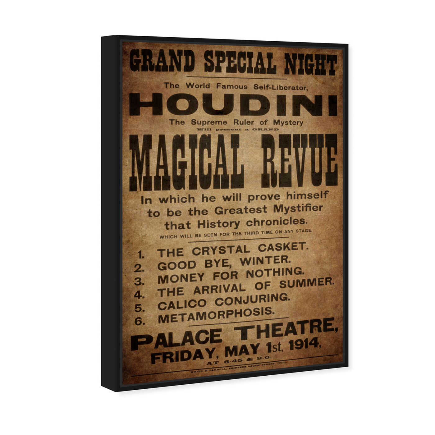 Angled view of Houdini's Announcement featuring advertising and posters art.