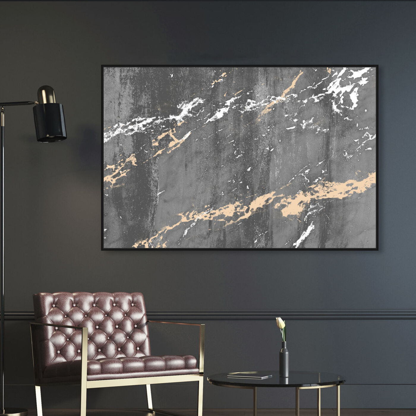 Hanging view of Alabaster in Grey and Tangerine featuring abstract and paint art.