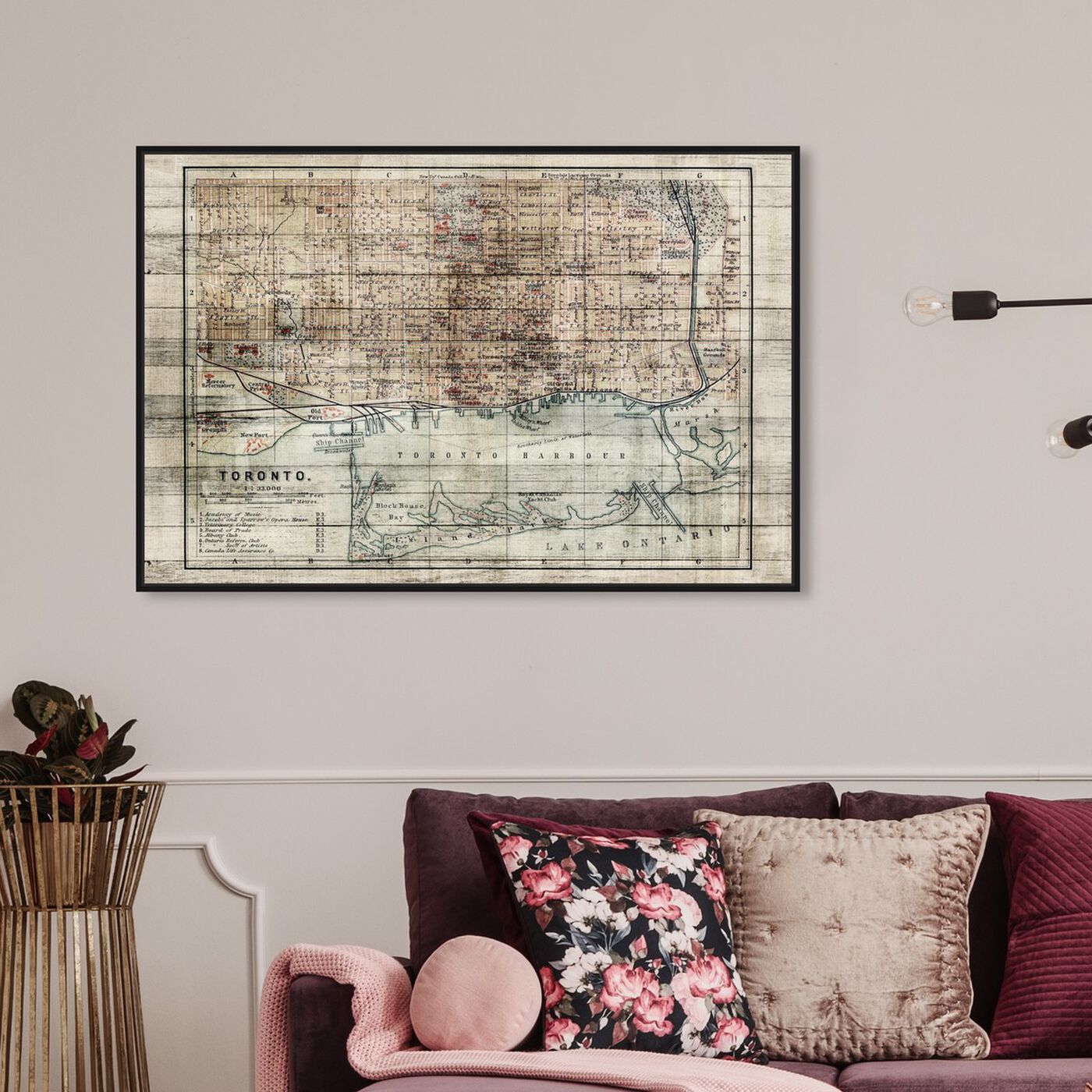 Hanging view of Vintage Toronto Map featuring maps and flags and american countries maps art.