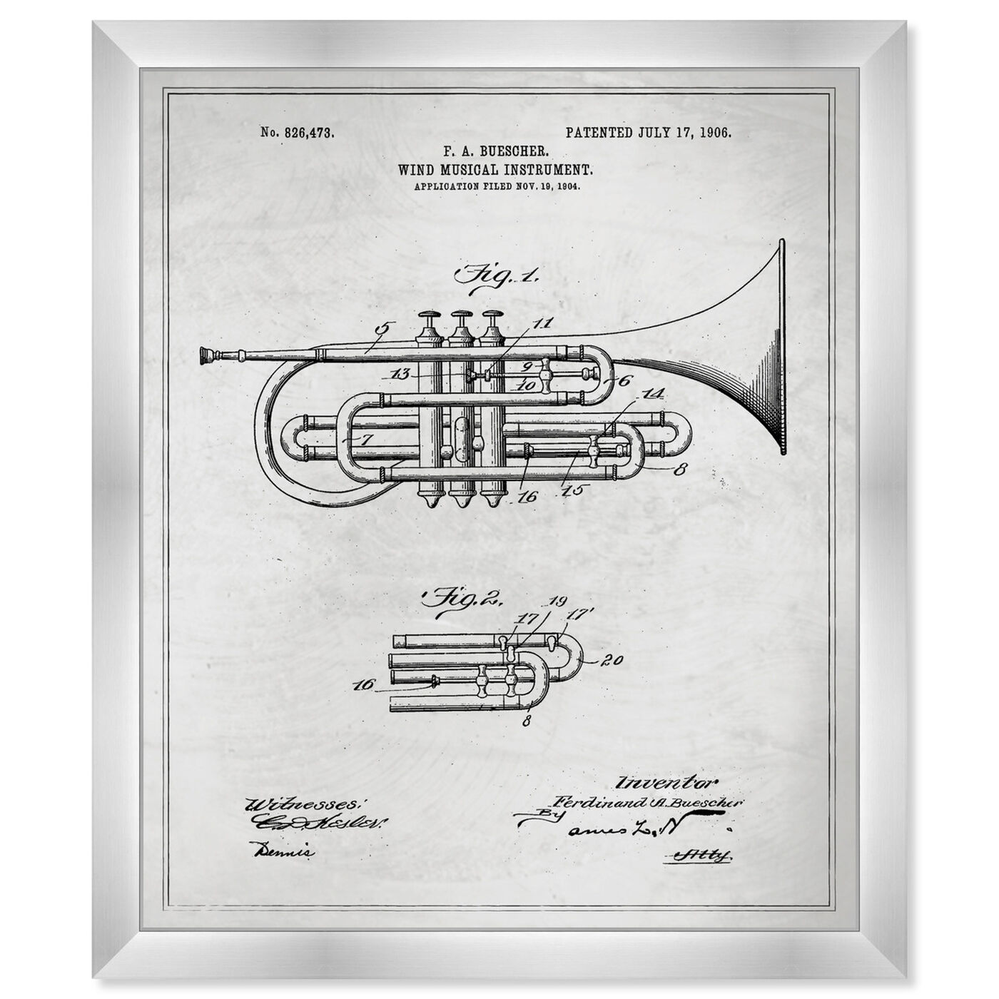 Front view of Wind Musical Instrument 1906 Blueprint featuring music and dance and music instruments art.