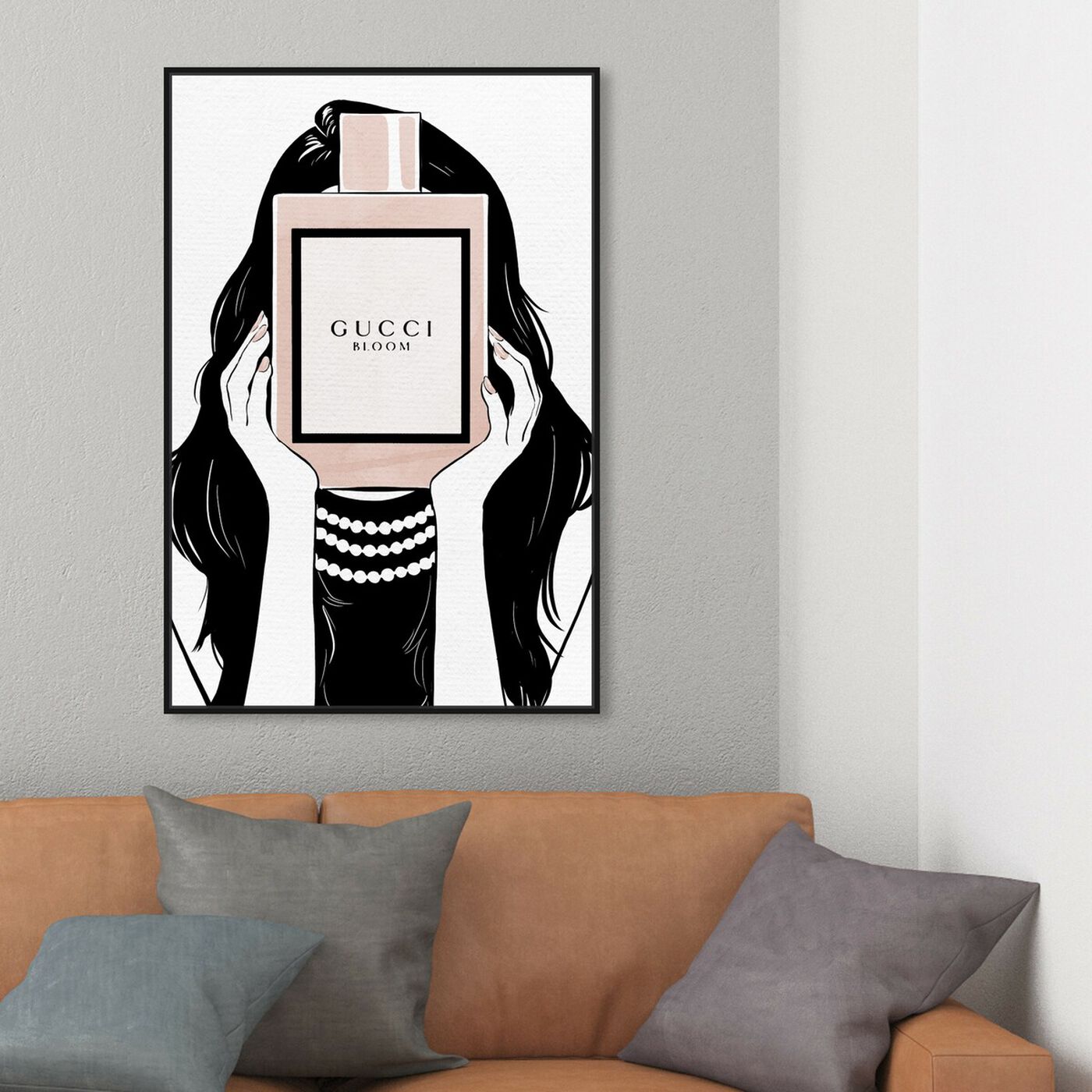 Hanging view of Italian Perfume Girl Artwork featuring fashion and glam and perfumes art.