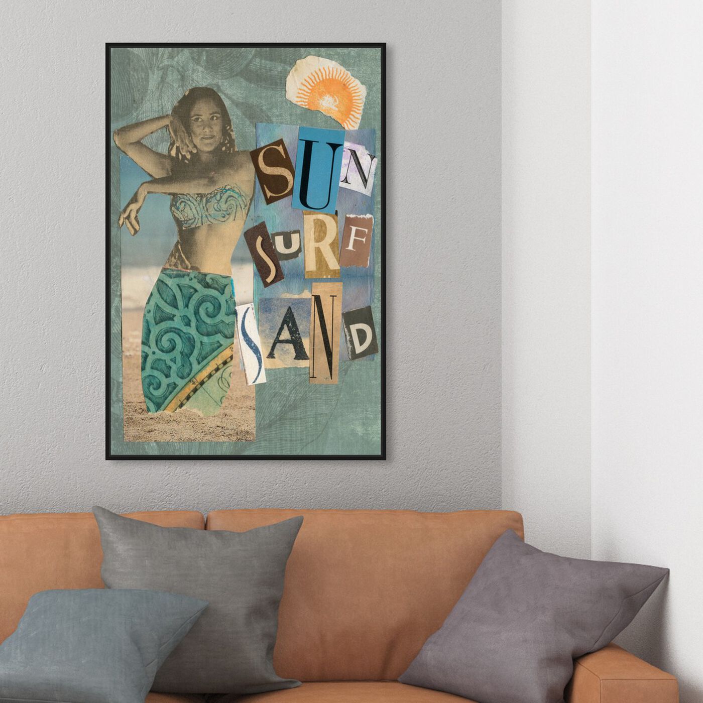 Hanging view of Sun Surf Sand by Anne Wadsworth featuring nautical and coastal and nautical sports art.