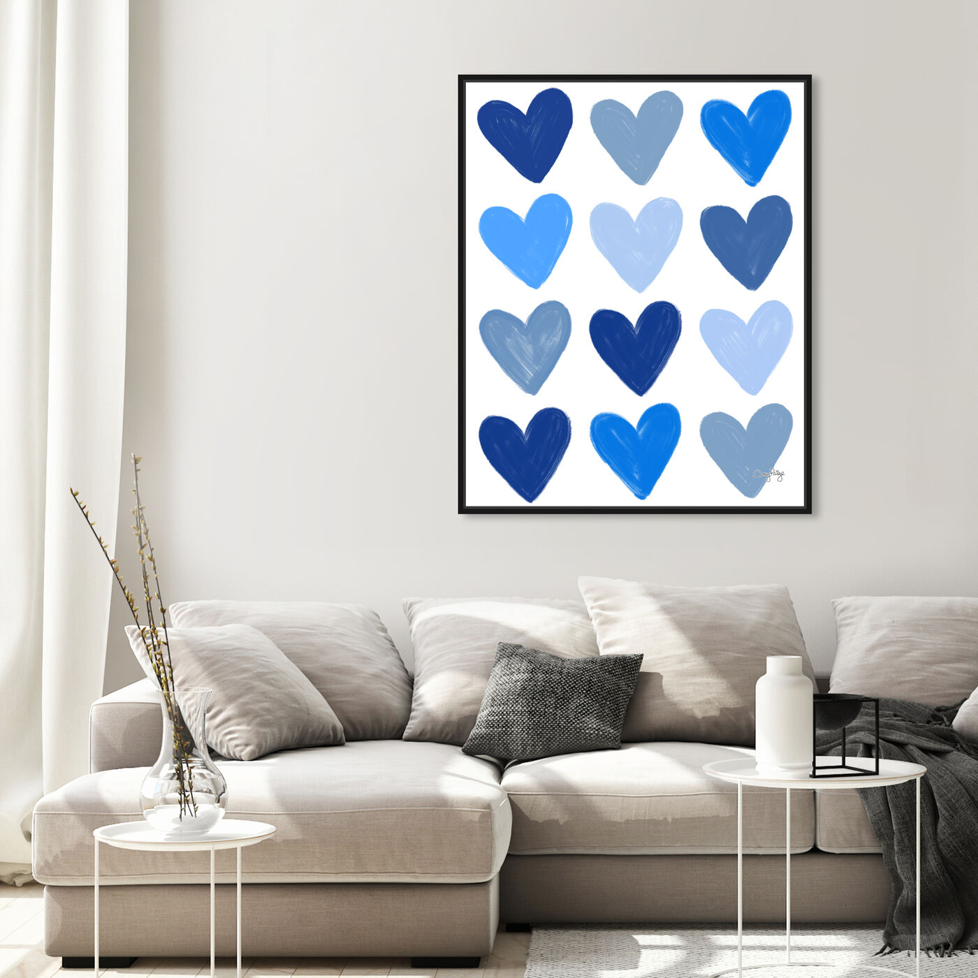 Hanging view of Corey Paige- Blue Painted Hearts featuring symbols and objects and shapes art.