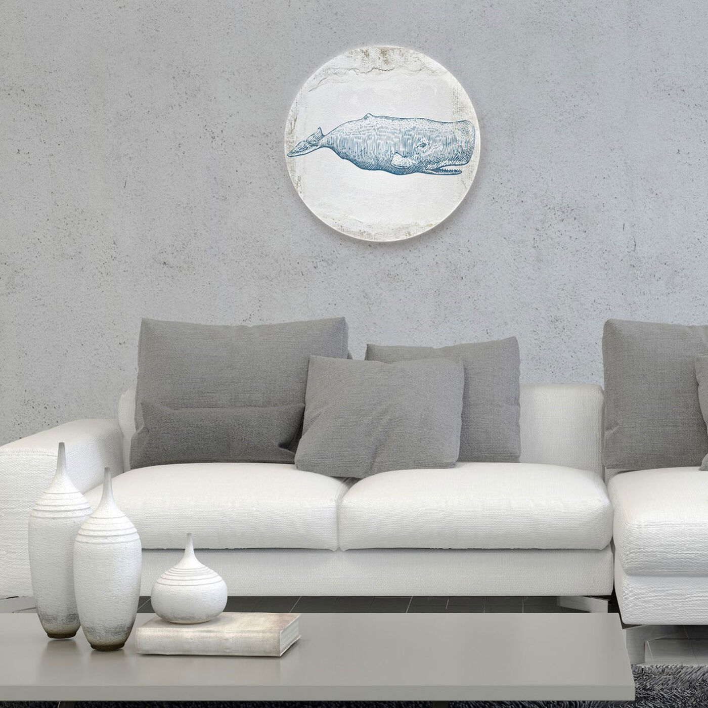 Hanging view of Blue Whale Circle featuring nautical and coastal and marine life art.