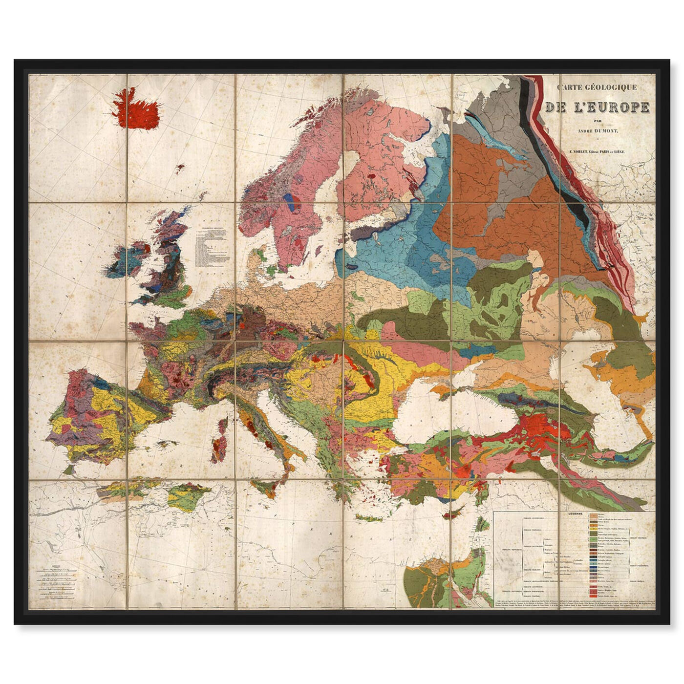 Front view of Carte Geologique De L'Europe Map 1875 featuring maps and flags and european countries maps art.