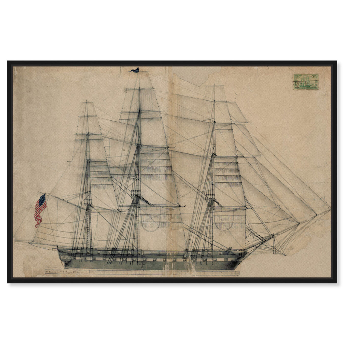 Front view of USS Constitution Sail Plan 1817 featuring nautical and coastal and nautical watercrafts art.