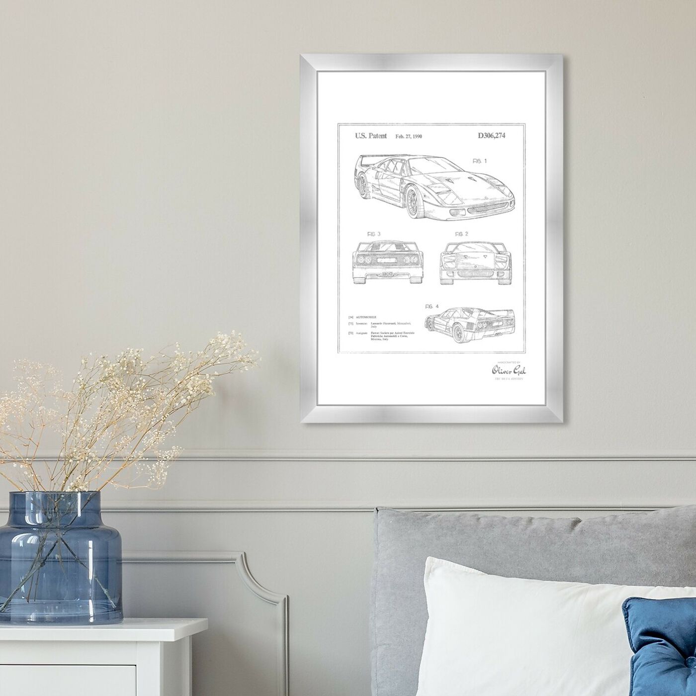 Hanging view of Ferrari F40 1990, Silver Foil featuring transportation and automobiles art.