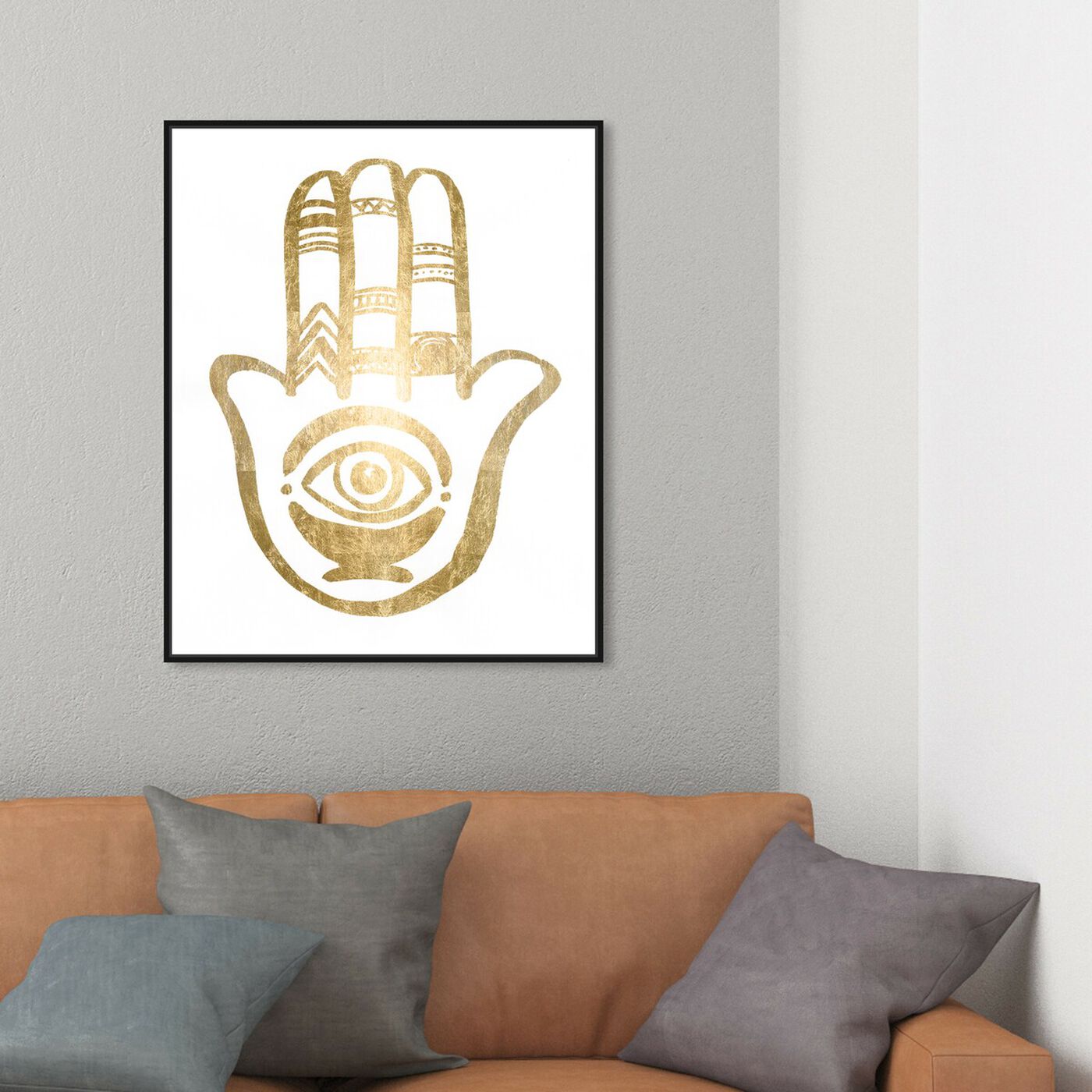 Hanging view of Hamsa Gold Foil featuring symbols and objects and mystic symbols art.