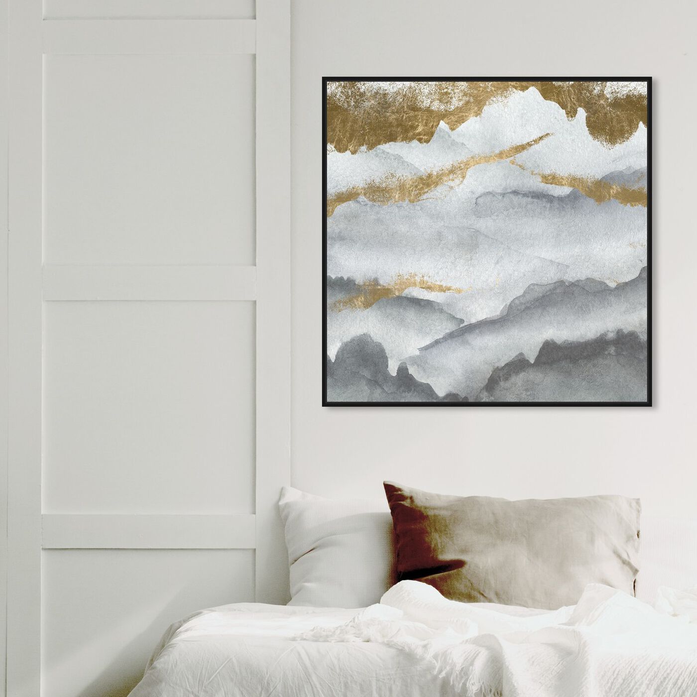 Hanging view of Tibet Mountains featuring abstract and watercolor art.