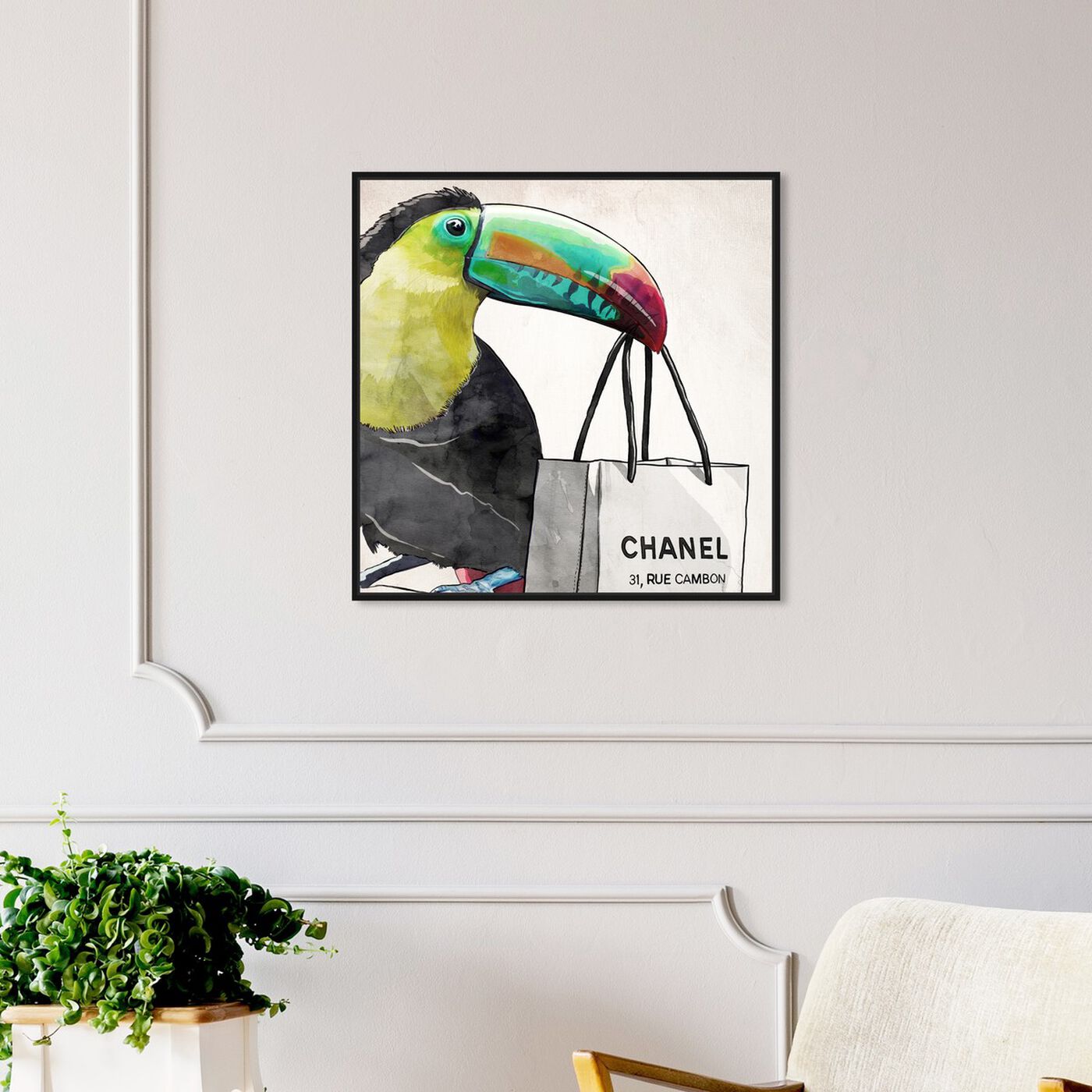 Hanging view of French Toucan Artwork featuring fashion and glam and fashion art.