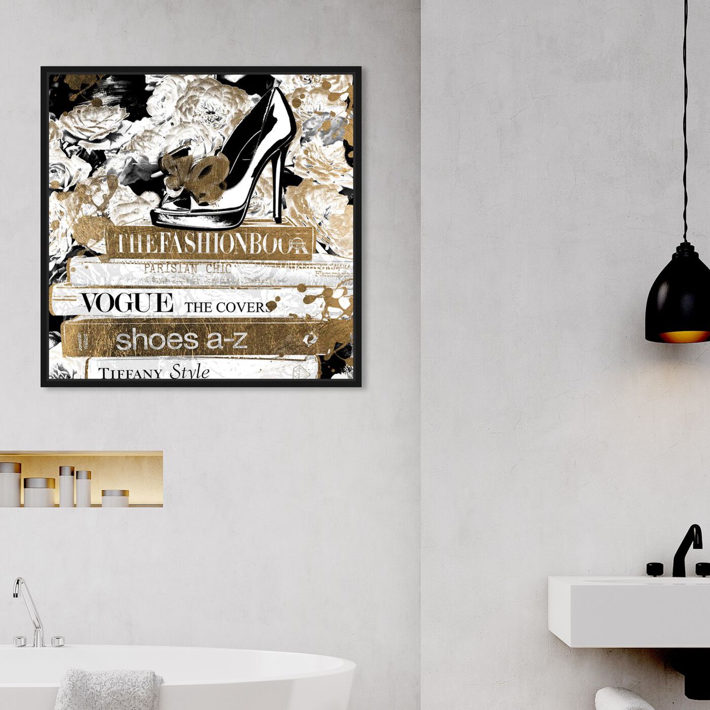 Hanging view of A Chic Library Gold featuring fashion and glam and books art.