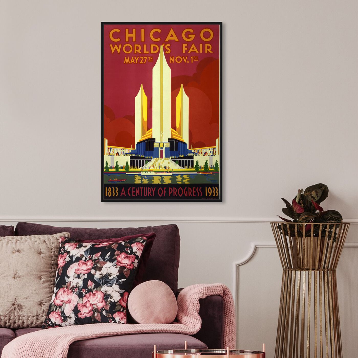 Hanging view of Chicago World Fair 1933 featuring cities and skylines and united states cities art.