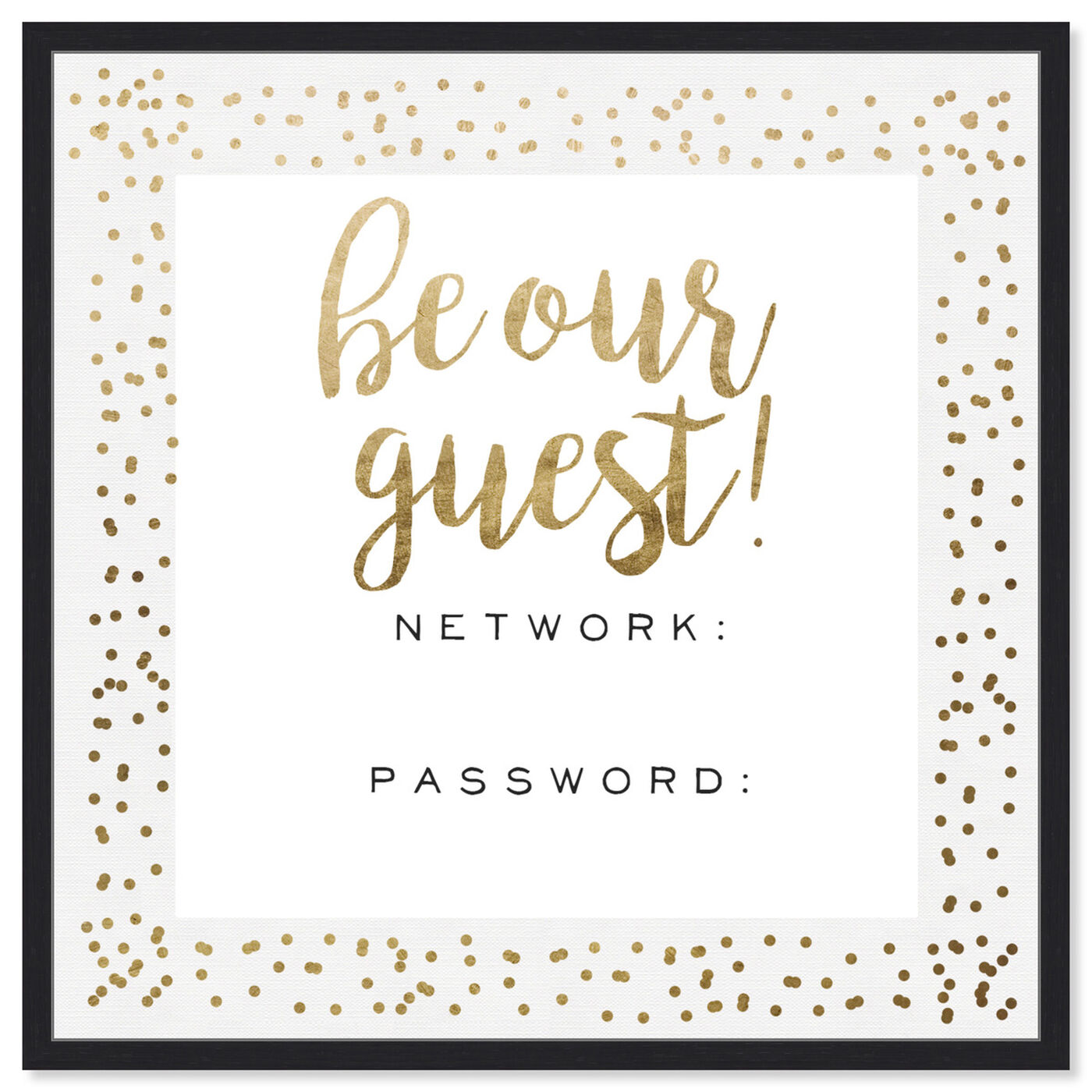 Front view of Be Our Guest Wifi Gold Confetti featuring typography and quotes and family quotes and sayings art.