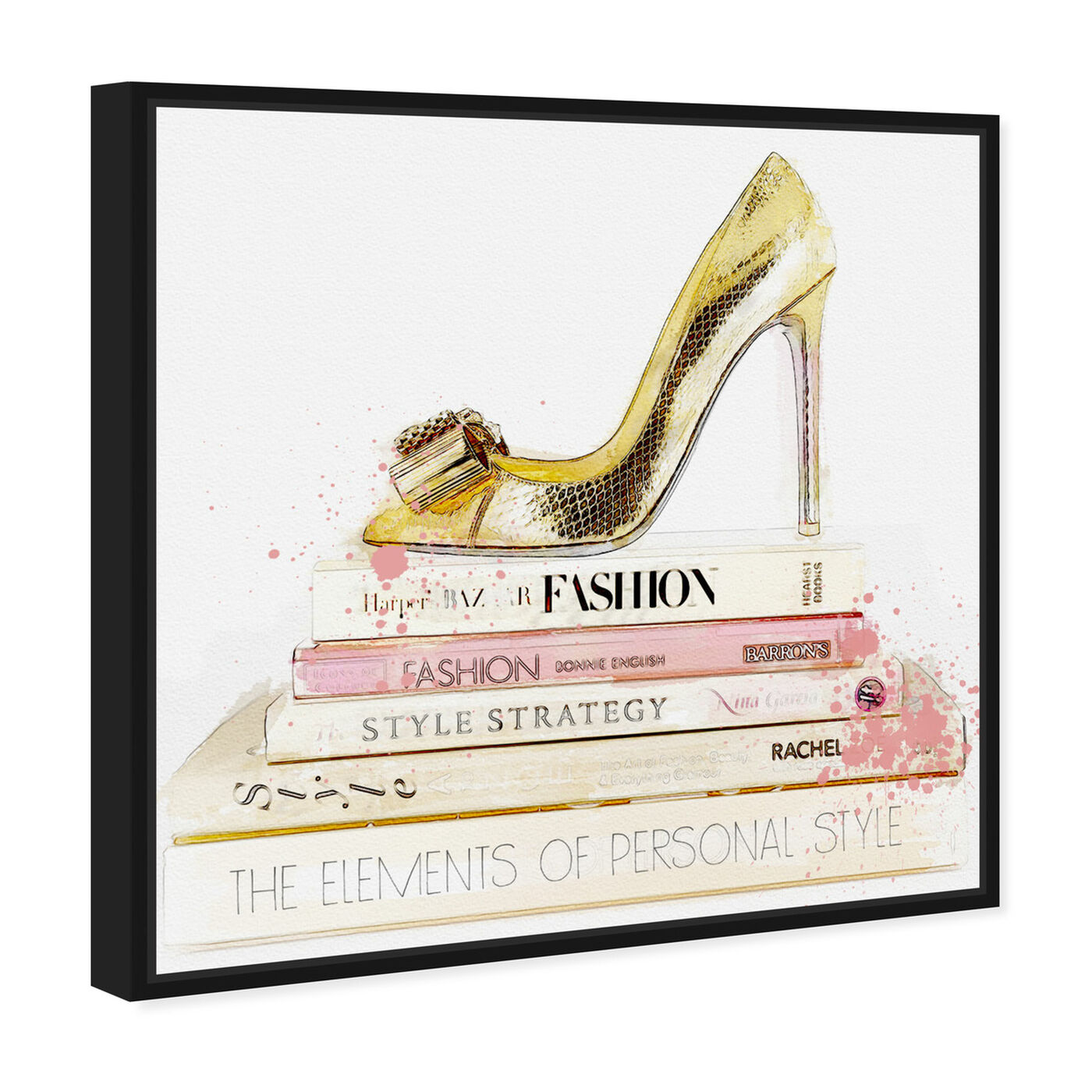 Angled view of Gold Shoe and Blush Books featuring fashion and glam and books art.