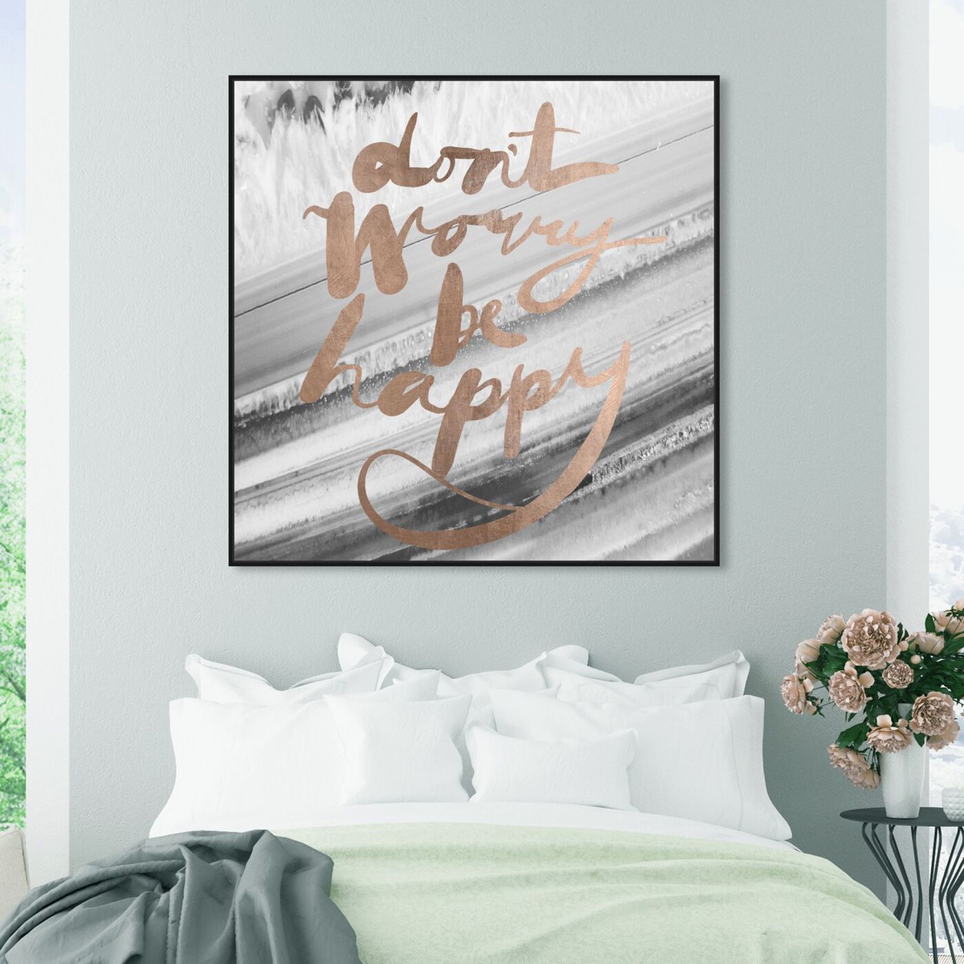 Hanging view of Don't Worry Rose Gold featuring typography and quotes and inspirational quotes and sayings art.