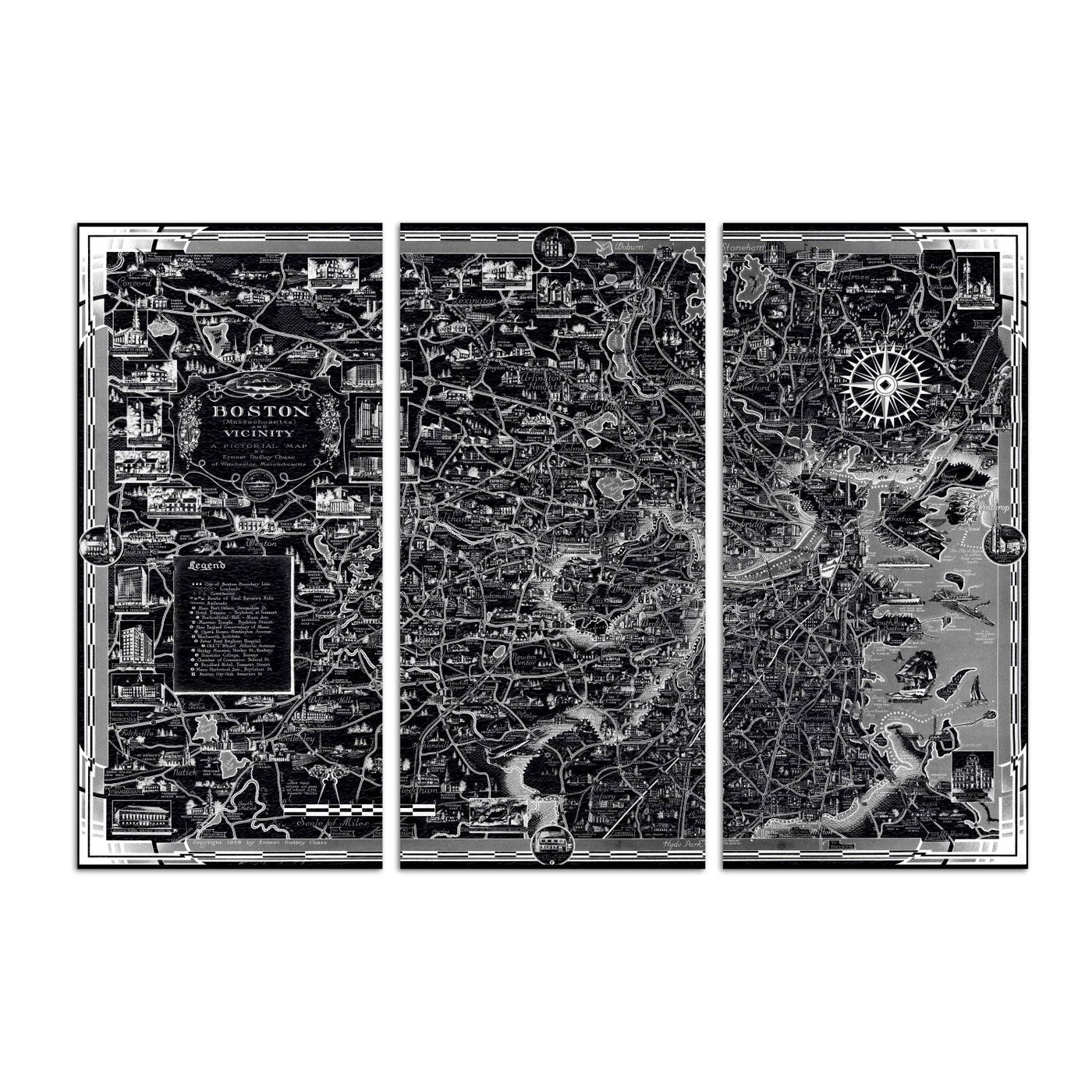 Boston and Vicinity 1938 Map Triptych
