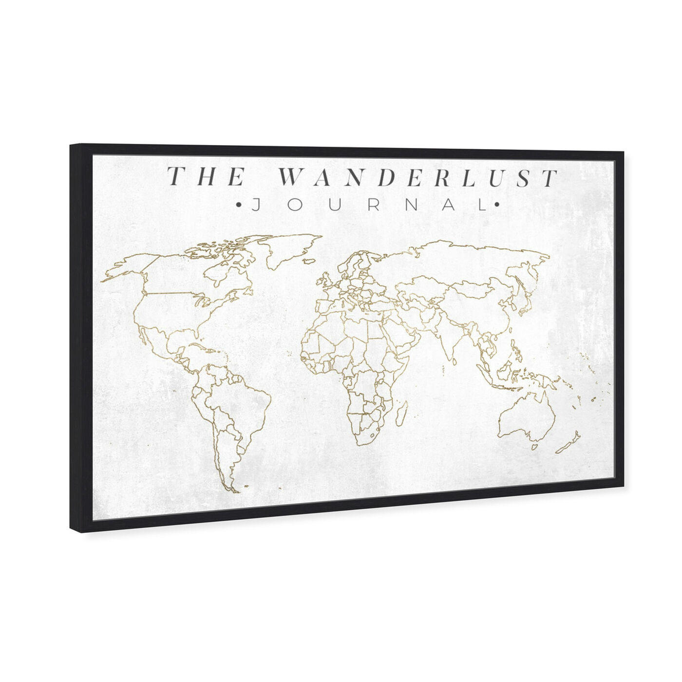 Angled view of The Wanderlust Journal featuring maps and flags and world maps art.