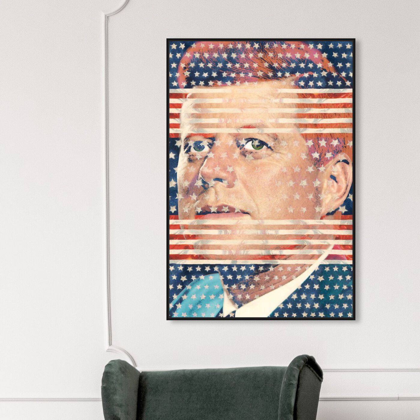 Hanging view of JFK featuring americana and patriotic and us presidents art.