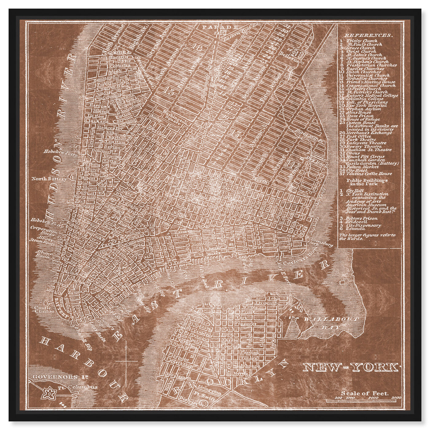 Front view of New York Map Copper featuring maps and flags and us cities maps art.