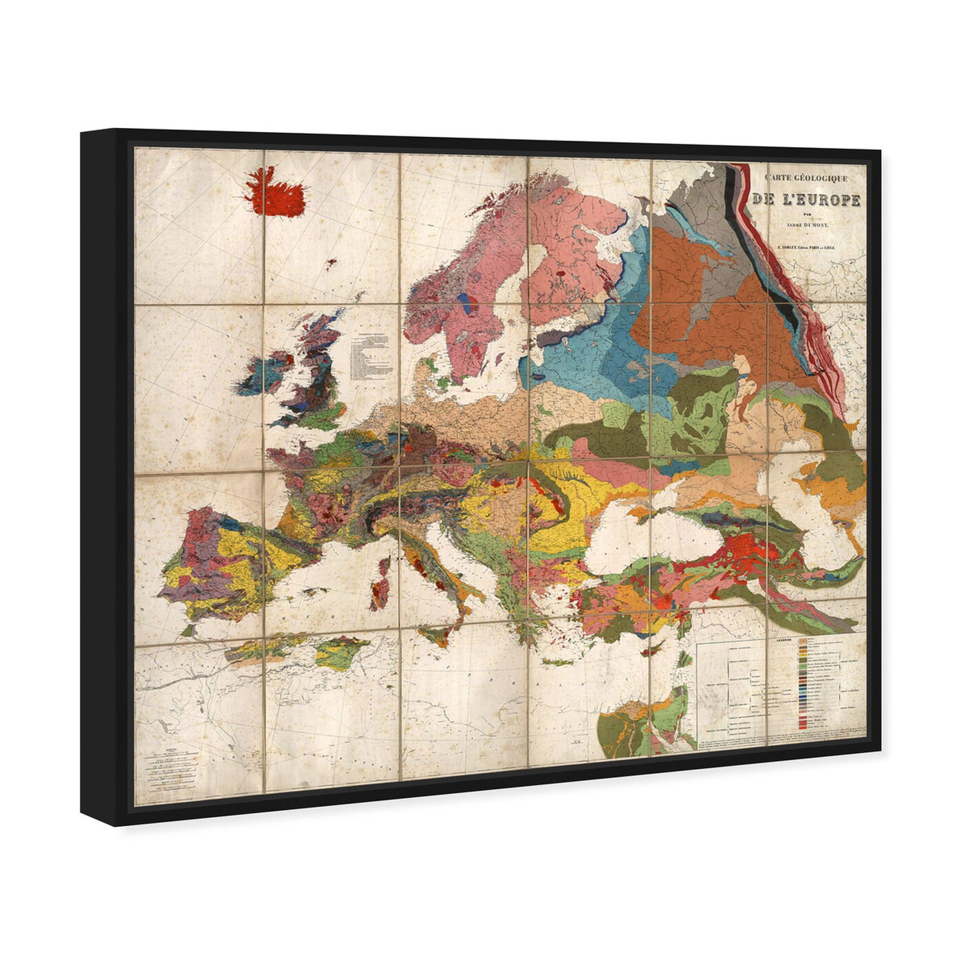 Angled view of Carte Geologique De L'Europe Map 1875 featuring maps and flags and european countries maps art.