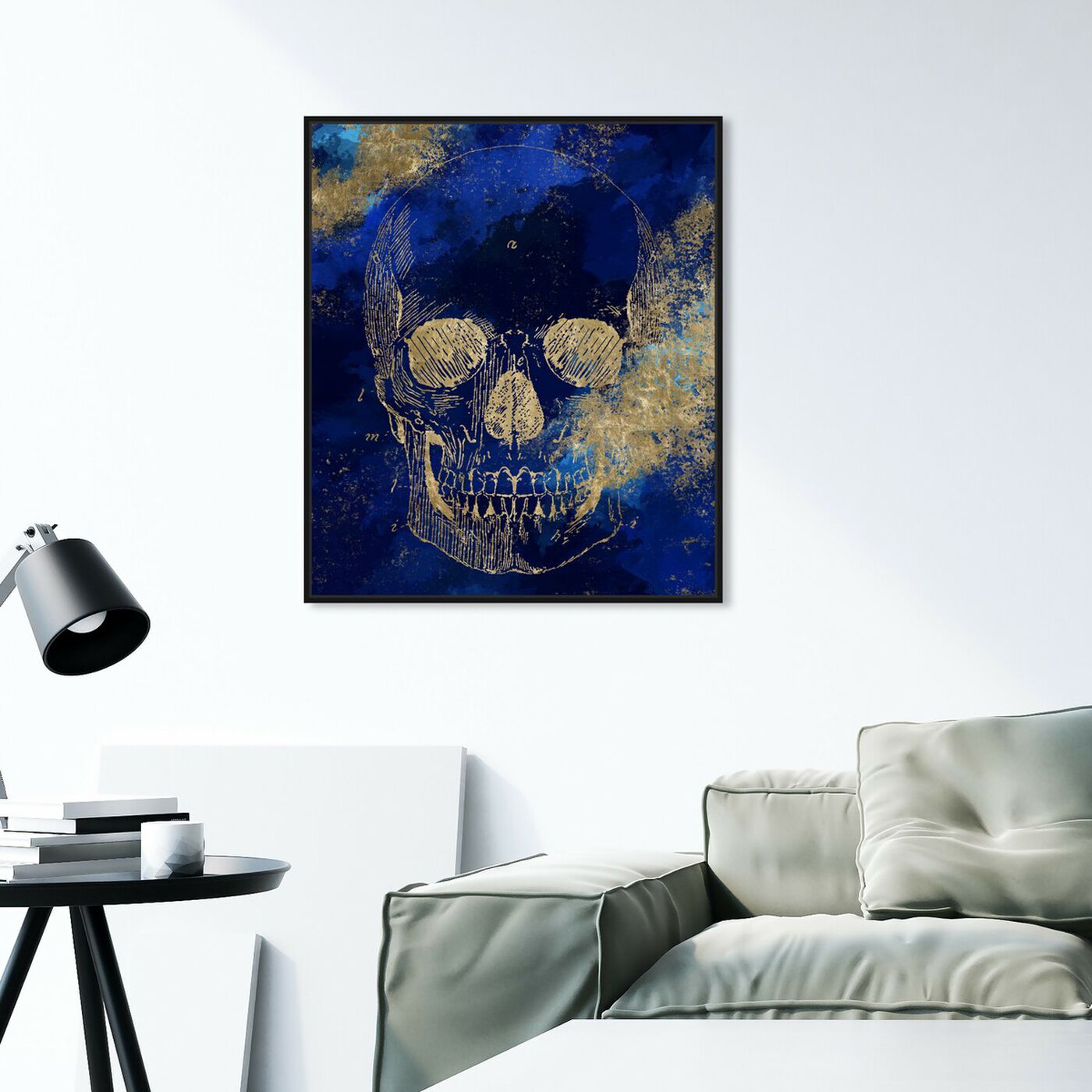 Hanging view of Gold Skull I featuring symbols and objects and skull art.