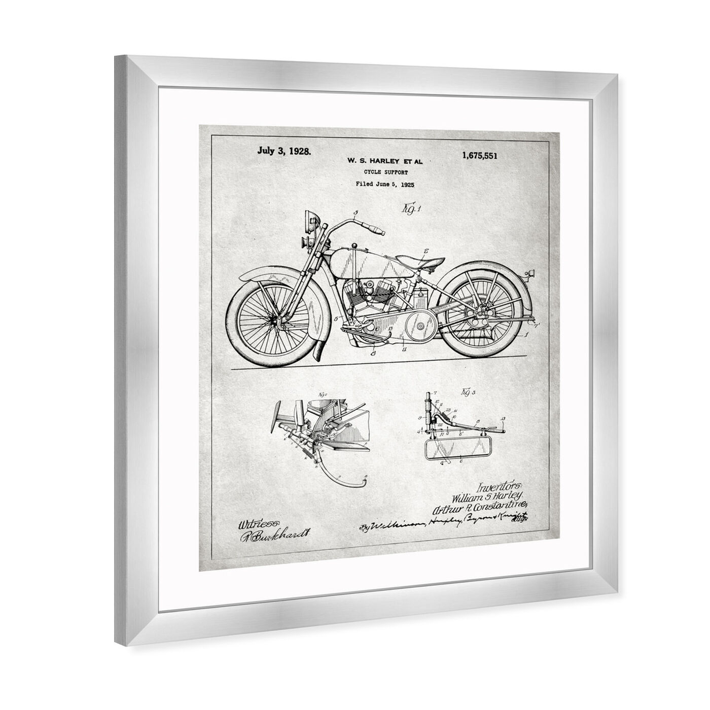 Angled view of Harley, 1928 - Gray featuring transportation and motorcycles art.