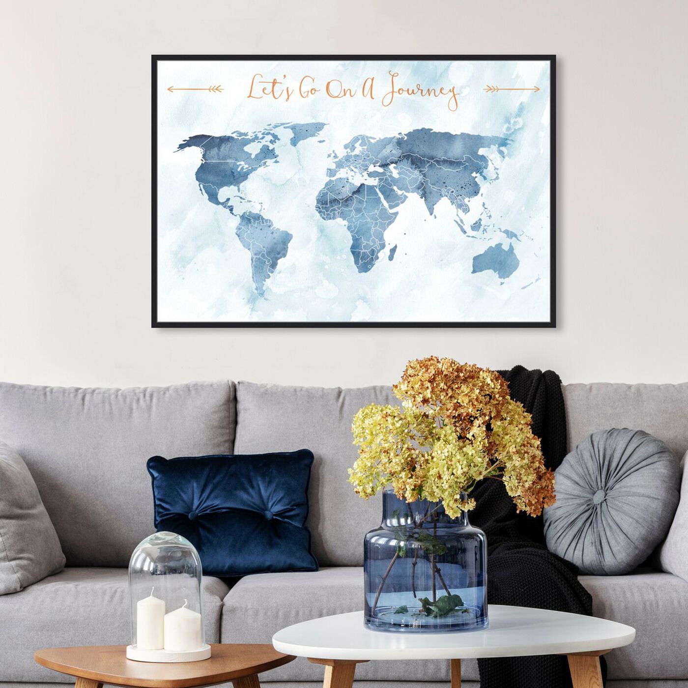 Hanging view of Lets Go On A Journey featuring maps and flags and world maps art.
