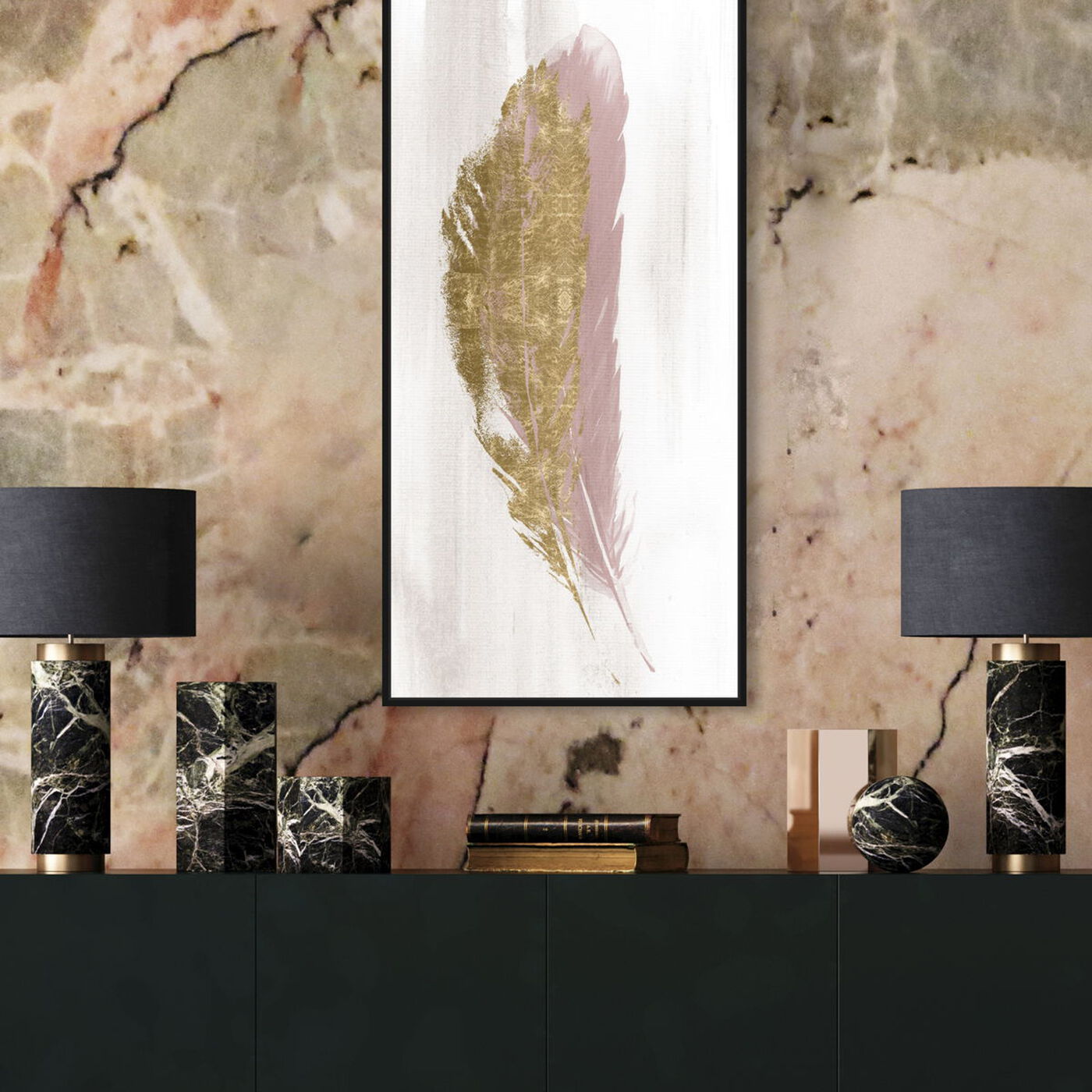 Hanging view of Blush and Gold Feather featuring fashion and glam and feathers art.