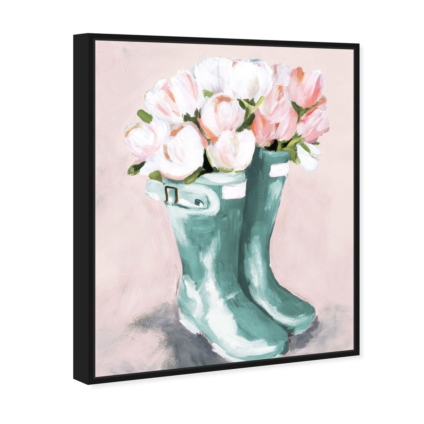 Angled view of Pastel Rainboots and Flowers featuring fashion and glam and shoes art.