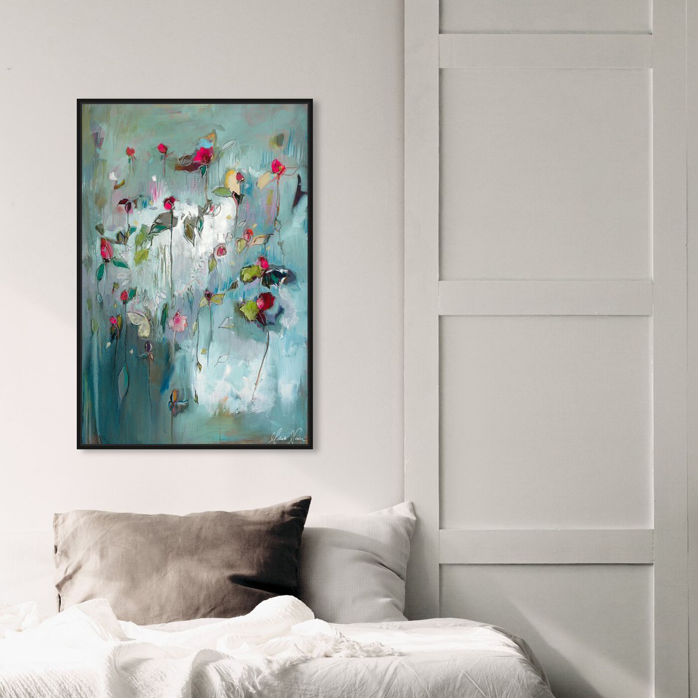 Hanging view of pale blue influence 1 by Michaela Nessim featuring abstract and paint art.