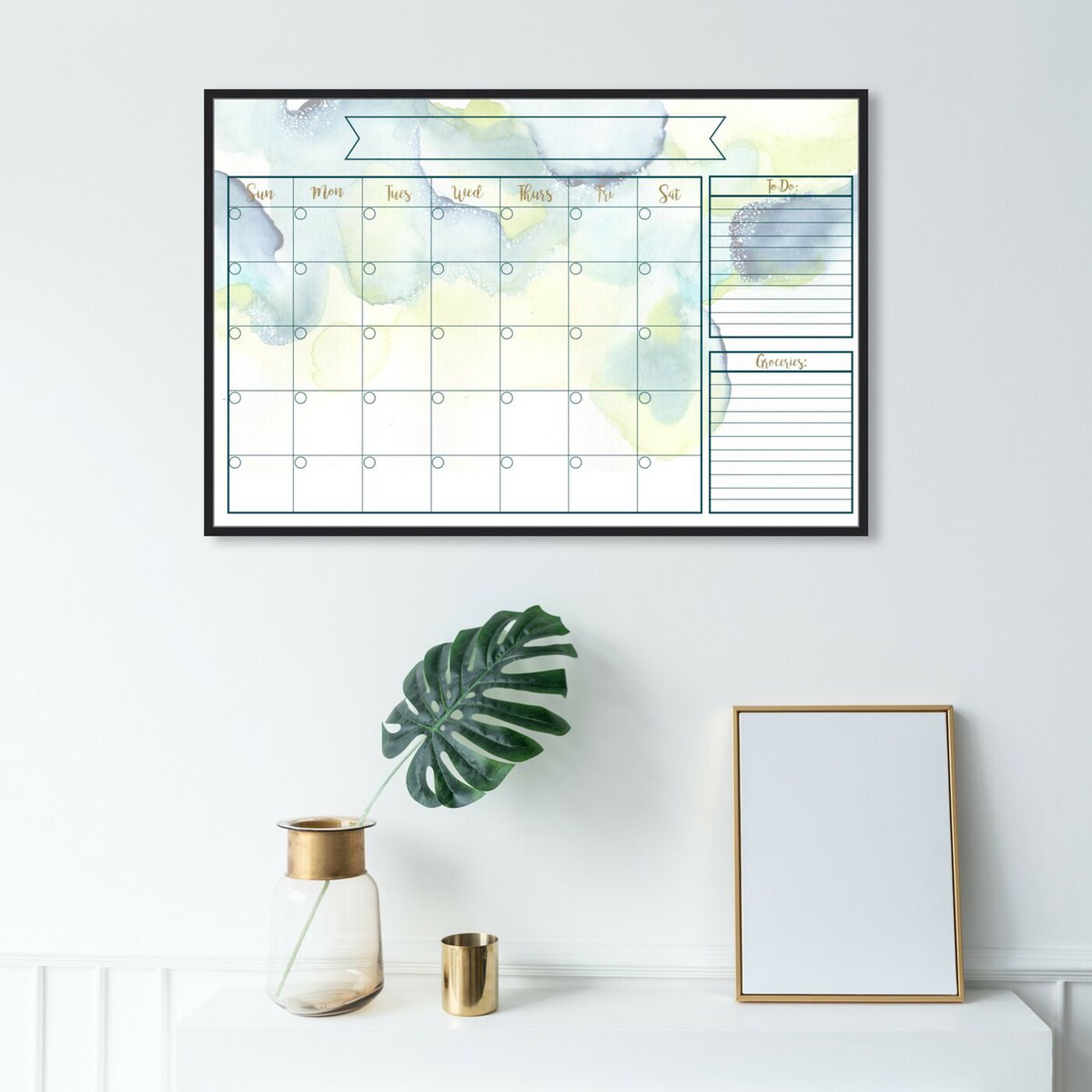 Hanging view of Watercolor Calendar featuring education and office and whiteboards art.