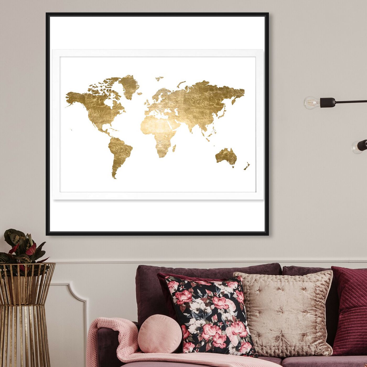 Hanging view of Hipster Mapa Mundi Gold Foil featuring maps and flags and world maps art.