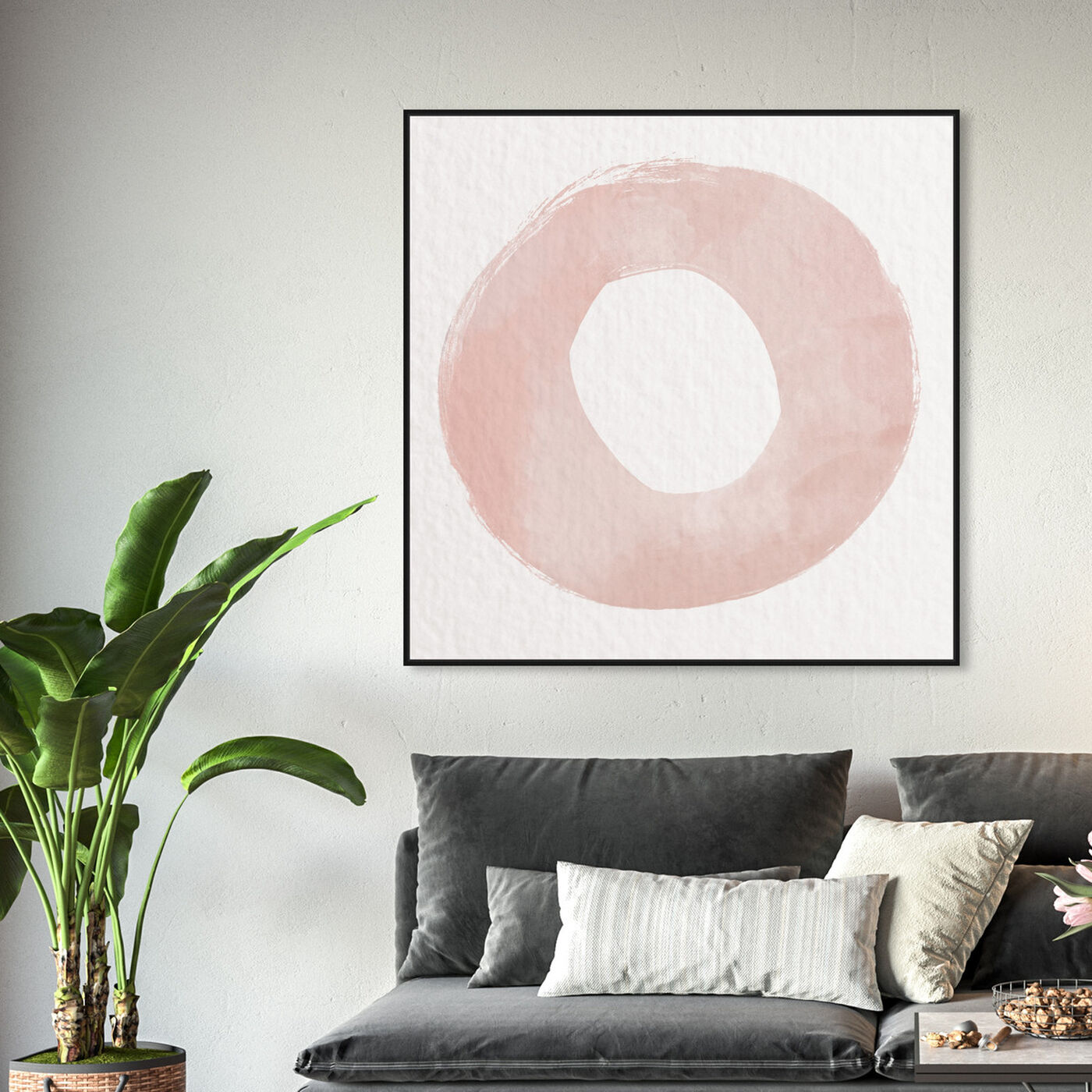 Hanging view of O of XO Blush featuring abstract and geometric art.