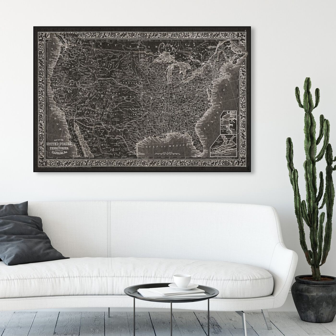 Hanging view of United States of America Map 1864 featuring maps and flags and american countries maps art.