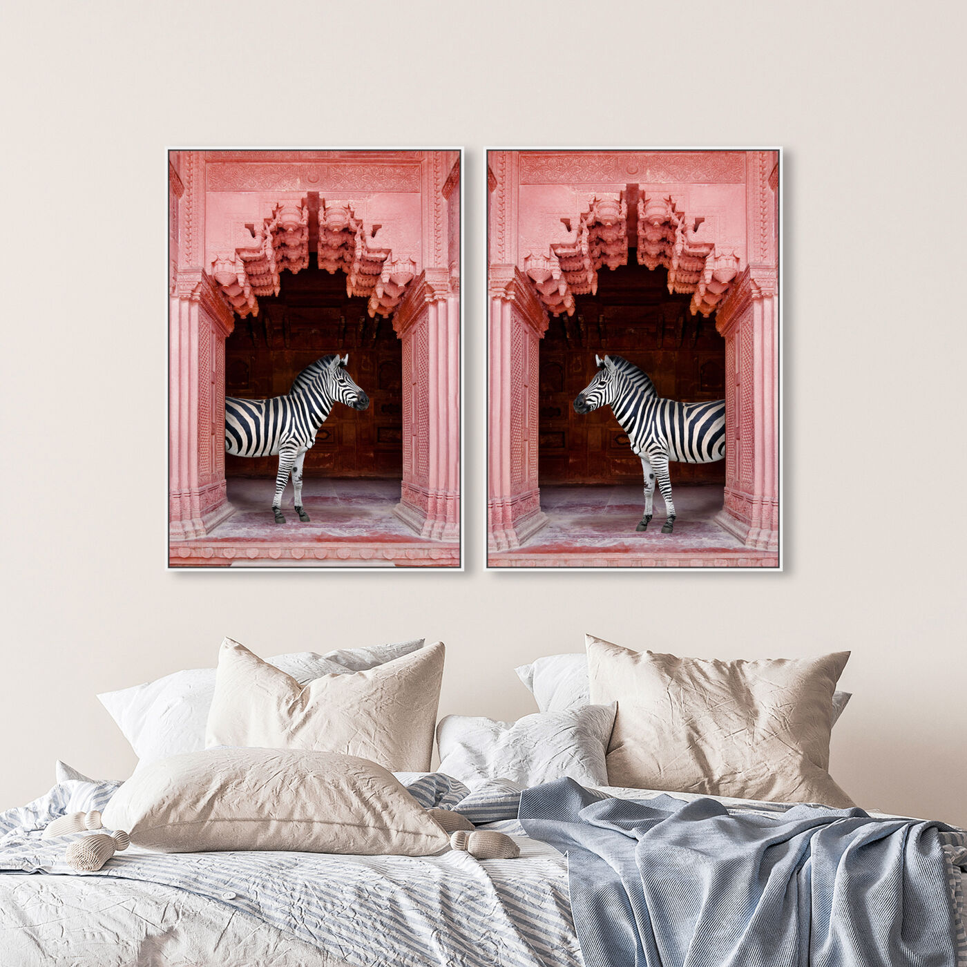 Hanging view of Zebras Apartment is Coral Pink Set featuring animals and zoo and wild animals art.