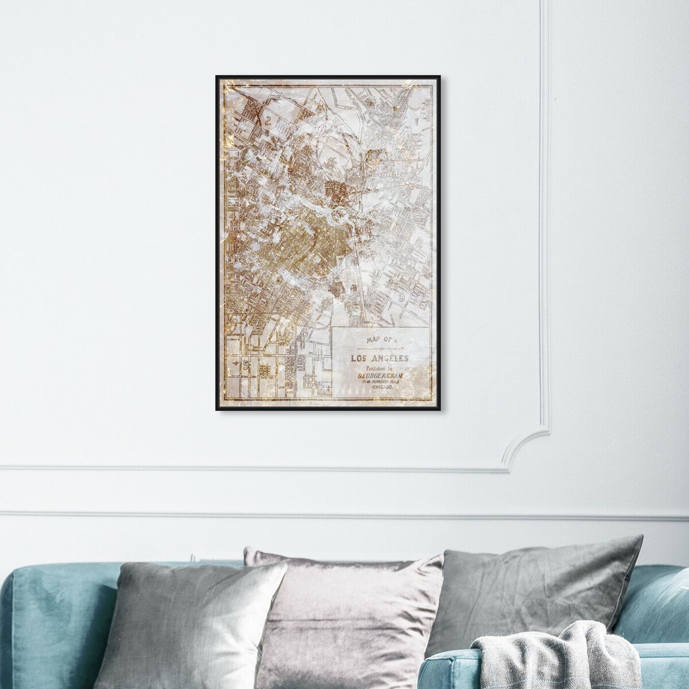 Hanging view of Dusty Gold Los Angeles Map featuring maps and flags and us cities flags art.
