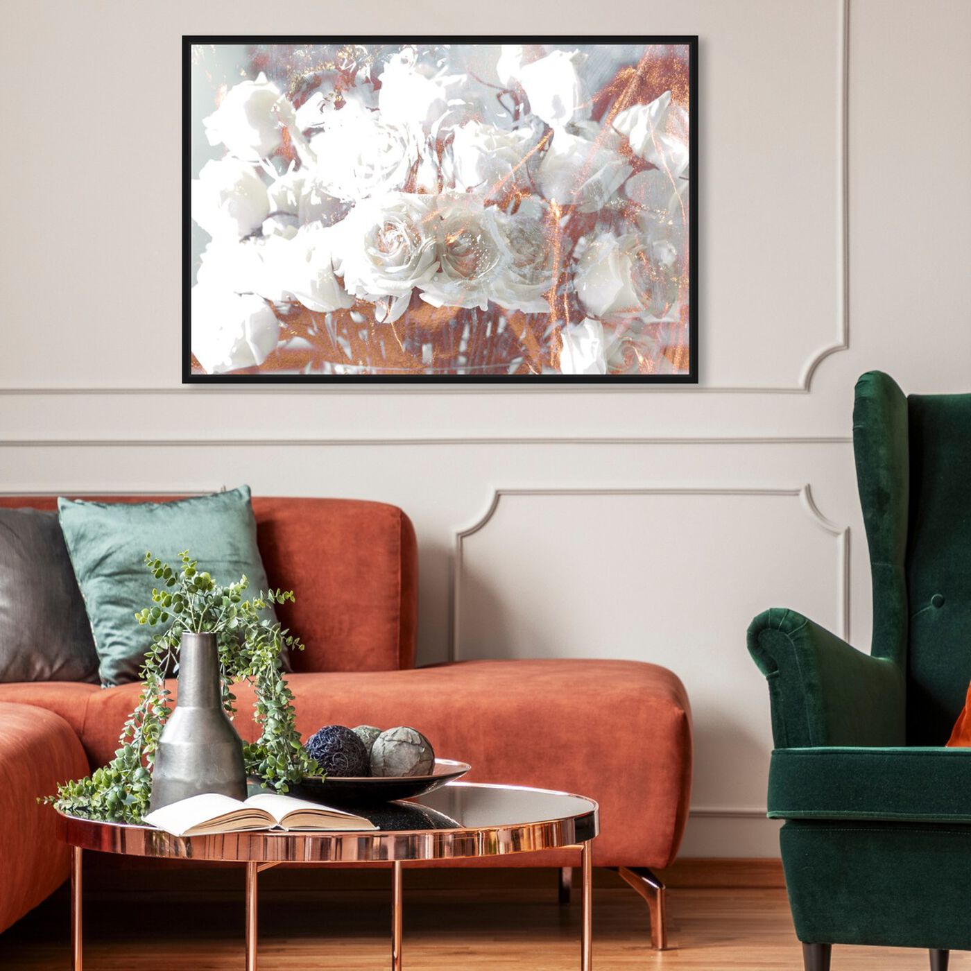 Hanging view of Rose Gold Feast featuring floral and botanical and florals art.