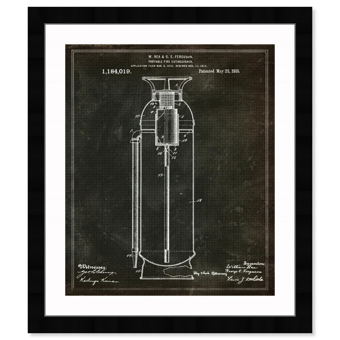 Front view of Portable Fire Extinguisher 1916 featuring symbols and objects and shapes art.