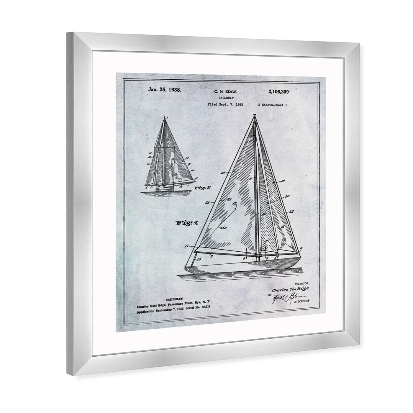 Angled view of Sailboat 1938 featuring nautical and coastal and nautical watercrafts art.