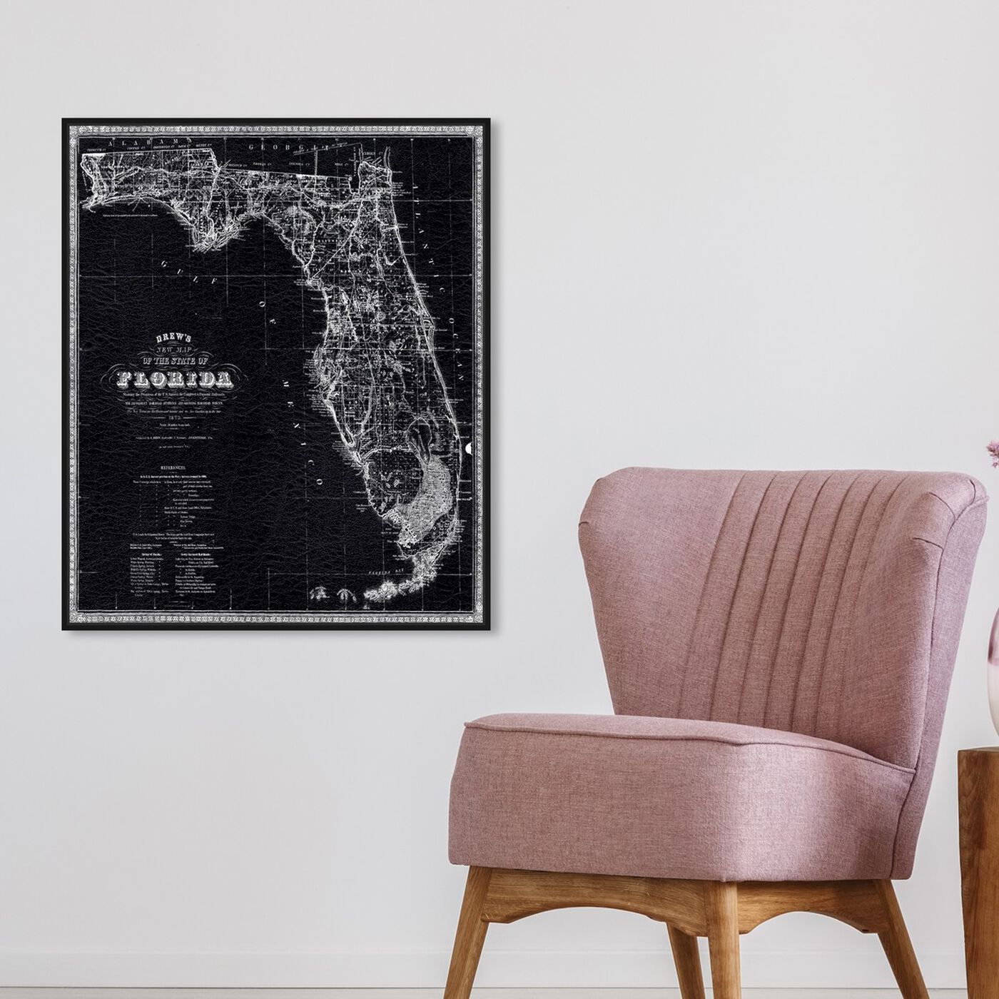 Hanging view of Florida Map 1870 featuring maps and flags and us states maps art.