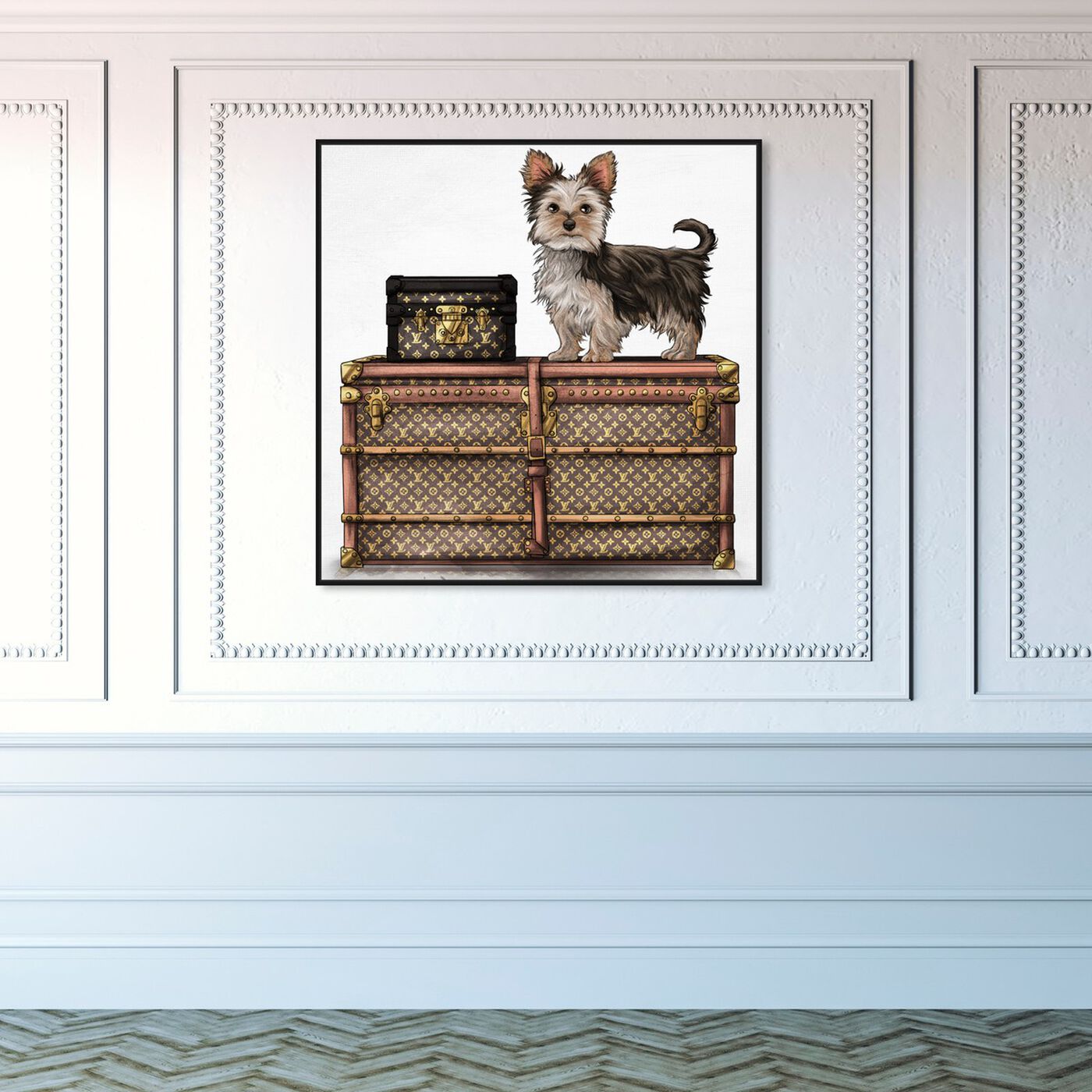 Hanging view of Travelling Yorkie featuring fashion and glam and travel essentials art.