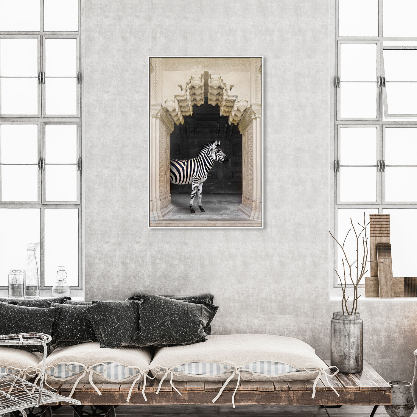Hanging view of Zebras Apartment is Cream featuring animals and zoo and wild animals art.