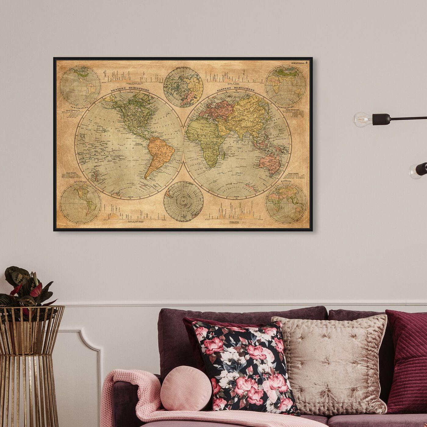 Hanging view of Hemispheres Map 1891 featuring maps and flags and world maps art.