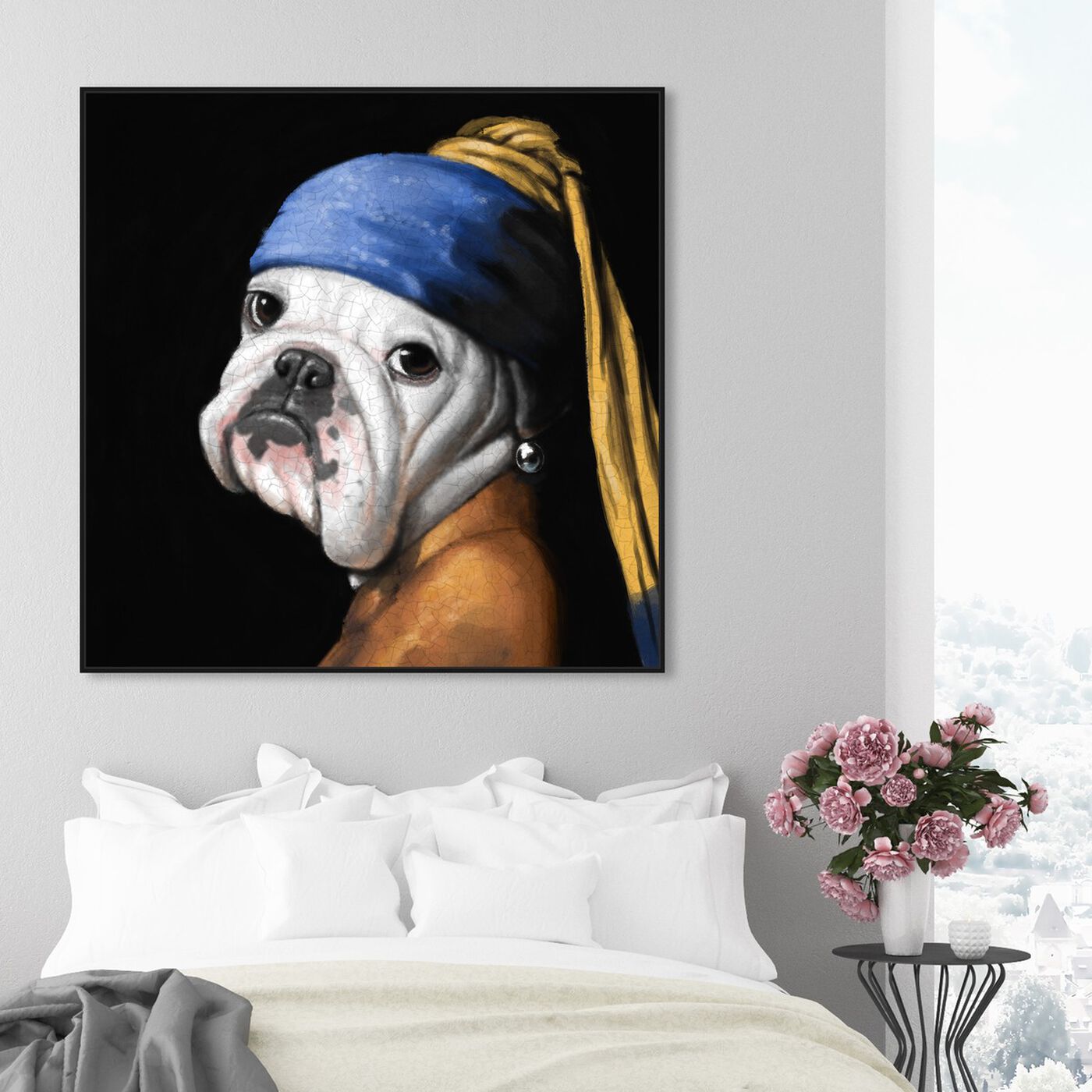 Hanging view of Dog With the Pearl Earring Square featuring animals and dogs and puppies art.