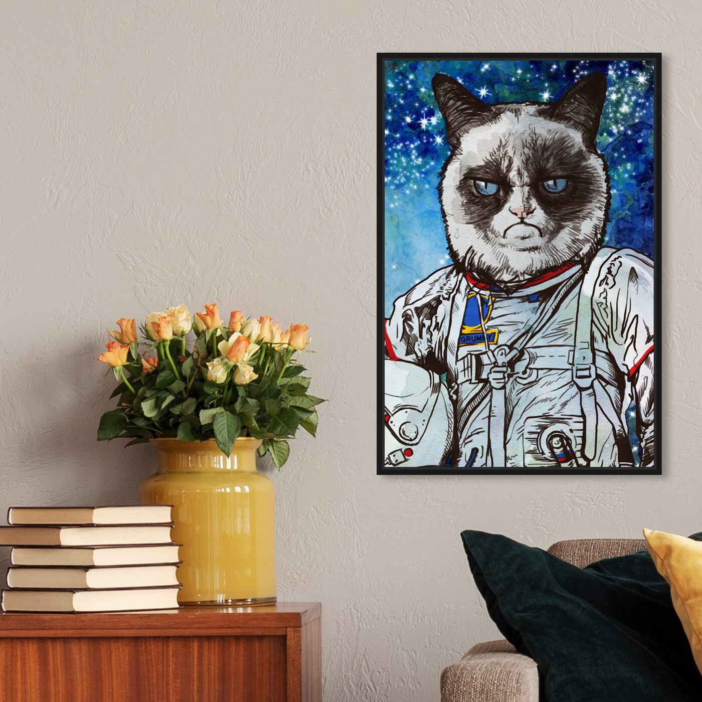 Hanging view of Captain Grumpy featuring animals and cats and kitties art.