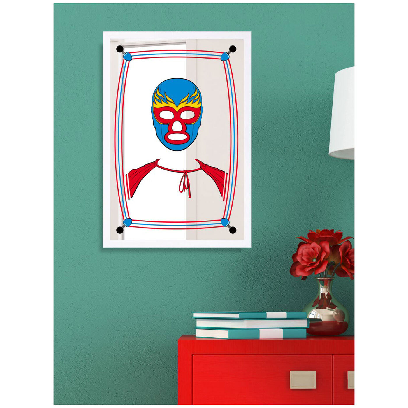 Hanging view of LuchaLibre Mirror featuring sports and teams and boxing art.