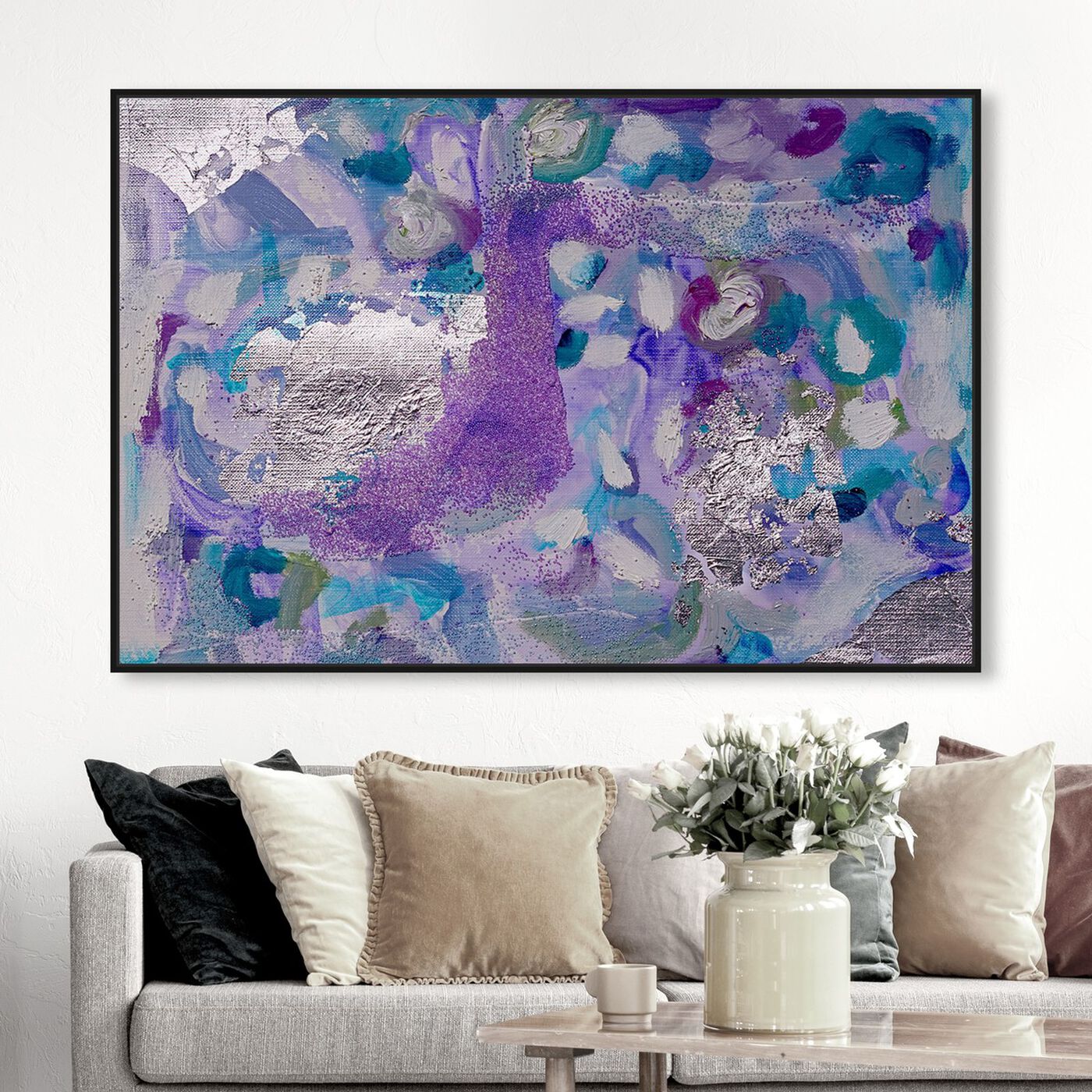 Hanging view of Lilac Lining by Tiffany Pratt featuring abstract and paint art.