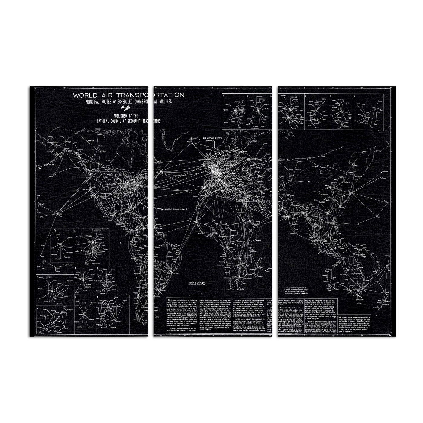 World Air Transportation Map 1950 Triptych