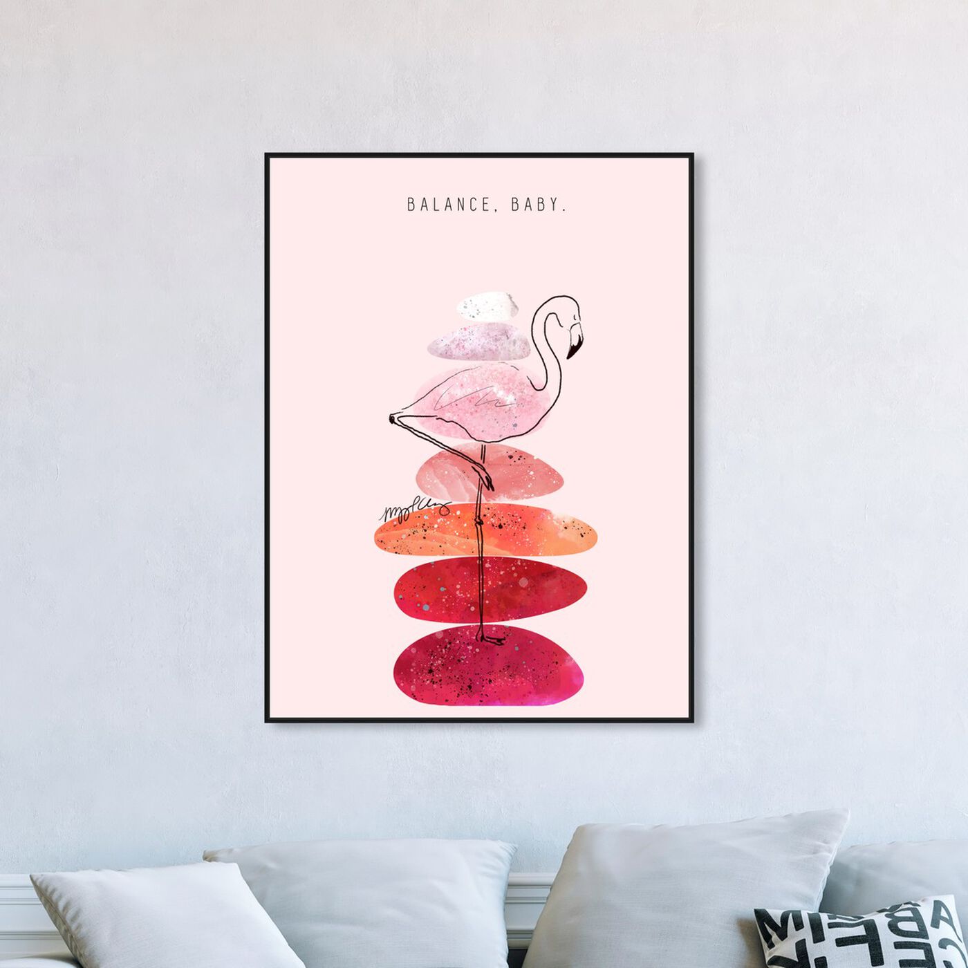 Hanging view of Flamingo and Stacked Stones by Maggie P. Chang featuring animals and birds art.